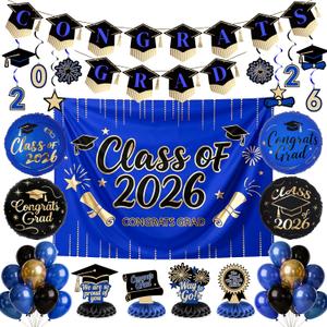 Graduation Decorations Class of 2026 Grad Party Supplies Set Blue Black Gold 40pcs with Luxurious Congrats Backdrop Banner Hanging Swirls Foil Latex Balloons Cap Centerpieces