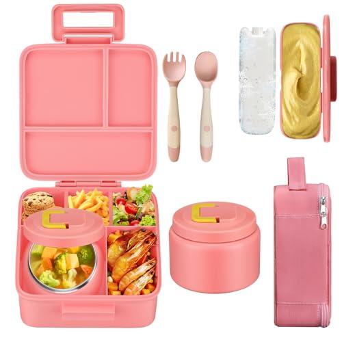 MAISON HUIS Bento Lunch Box with 8oz Soup Thermo, 5-Compartment Leak-Proof Container, Thermo Hot Food Jar and Insulated Lunch Bag, BPA Free,Travel, School (Pink)