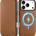 SHIELDON Real Leather Slim Case Wallet for iPhone 17 Pro 6.3-inch | Flip, Wireless Charging, Magnetic Closure, RFID Blocking Credit Card Holder, Full Protective Phone Cover - Saddle Brown