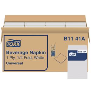Tork White Beverage Napkin, 1/4 Fold 1-ply, 9.4" x 9.4", 8 x 500 napkins, B1141A
