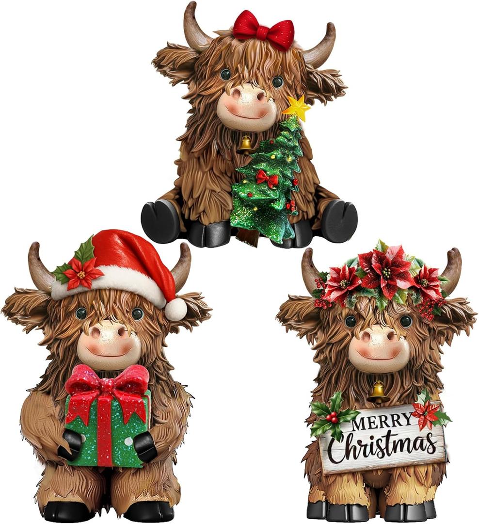 3 Pcs Christmas Highland Cow Figurines Decor Cow Gnomes with Santa Hat Christmas Resin Statue Calf Lovers Gifts for Farmhouse Home Garden Bathroom Kitchen Office Tiered Tray Table Decor