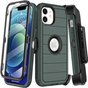 KECAI for iPhone 12 Case,iPhone 12 Pro Case with Belt Clip Holster,Built-in Screen Protector,Heavy Duty Shockproof Drop Protection Military Grade Rugged Phone Cover with Kickstand (Dark Green)