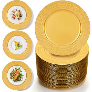 Gold Charger Plates Bulk 50Pcs, 13" Plastic Chargers for Wedding | Reinforced PP Plastic / Shatterproof / Colorfast Gold / Reusable & Easy-Clean / Christmas & Wedding / Textured Edge Chargers