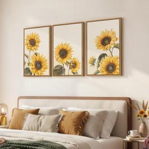3 Piece Large Framed Floral Sunflower Wall Art for Bedroom, Farmhouse Rustic Botanical Canvas Paintings Prints, Yellow Flower Picture Artwork Wall Decor for Living Room kitchen Hallway 16x24 Inch