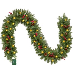 Joiedomi 9Ft Christmas Garland Prelit with Lights, 100 Warm White LED, 27 Pine Cones, 27 Red Berries for Home & Office Christmas Indoor and Outdoor Decorations (Battery Powered, Not Included)
