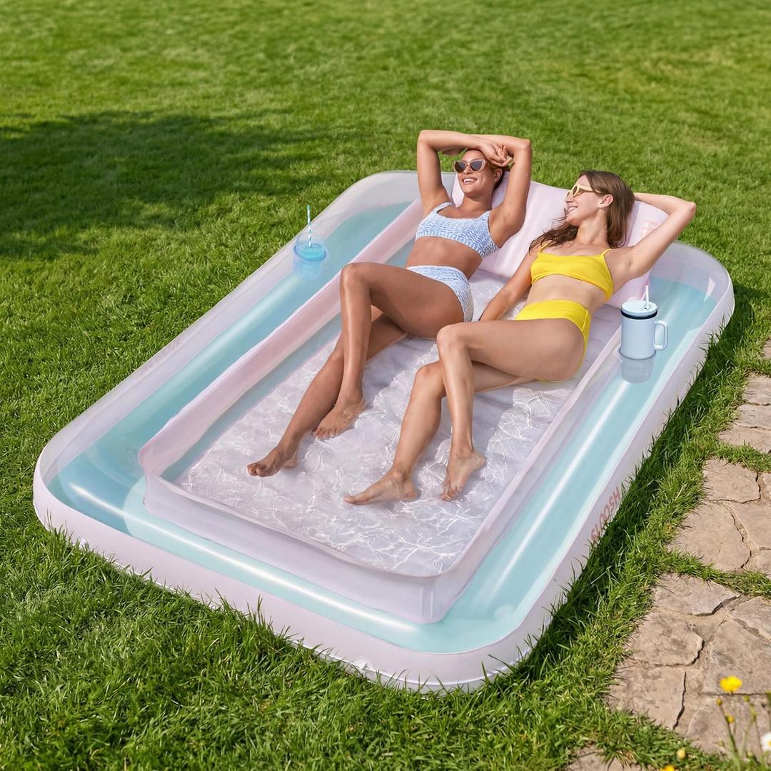 SLOOSH Inflatable Tanning Pool Lounger Float, 85" x 57" Pool Floats Adult with Pillow, 4 in 1 Suntan Tub Raft Floatie,Sunbathing Bed Lounge for Water Blow Up Ball Pit Party Gifts, XL-Cyan Pink
