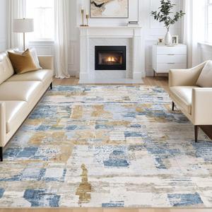 Abstract Living Room Rug 10x14 - Modern Washable Soft Thin Area Rug for Living Room Bedroom Under Dining Table - Neutral Indoor Floor Rug Carpets for Home Office Playroom Nursery - Blue Gold
