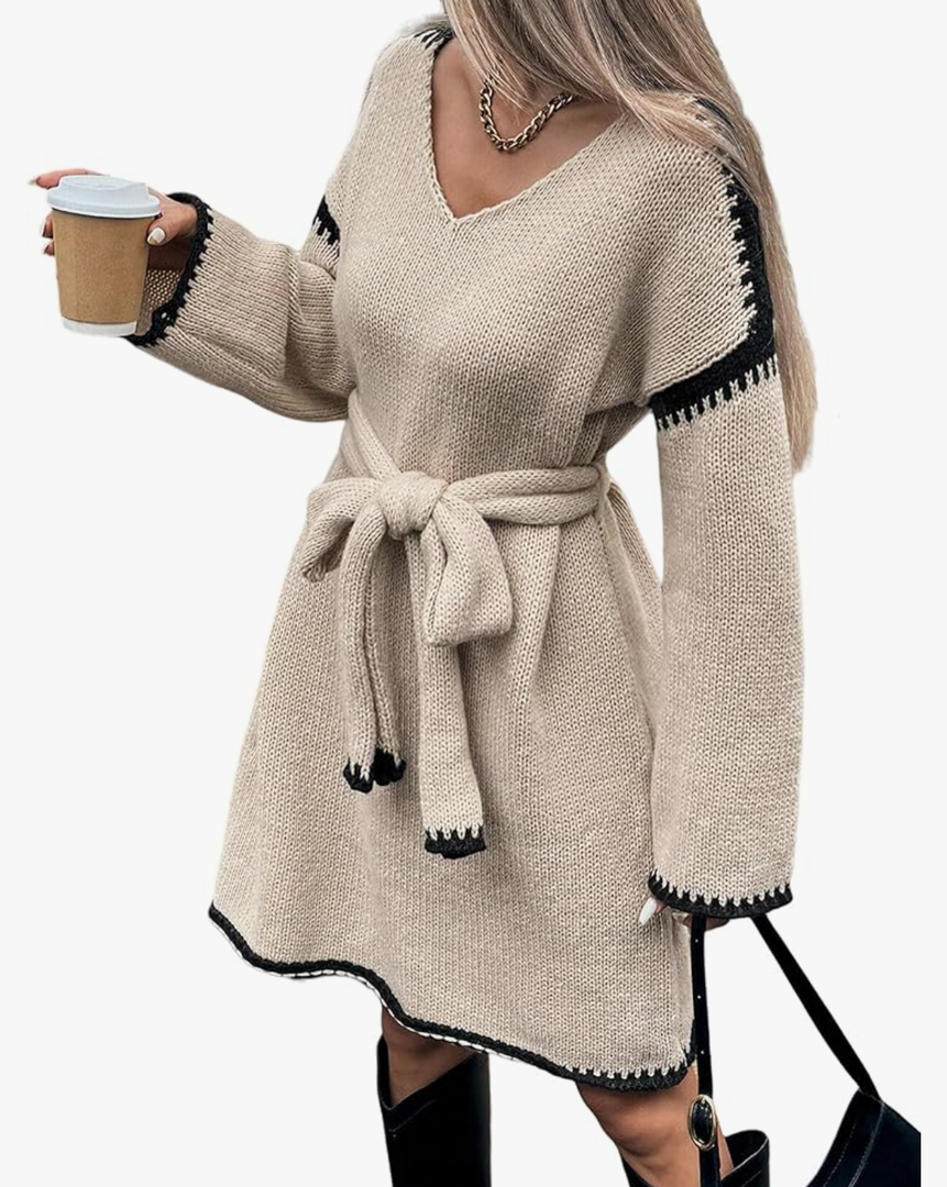 Womens Color Block Sweater Dress with Belt, Rolled Hem, Long Sleeve, V Neck, Knee Length, A Line, Oversized Knit Dress Fall(size S)
