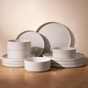 Famiware Nebula Plates and Bowls Sets, 12 Pieces Dinnerware Sets, Dishes Set for 4, Creamy White with Colorful Speckles