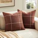 2 Packs Grid Embroidery Throw Pillow Covers, 18x18 Inch Terracota, Farmhouse Linen Decorative Terracota Cushion Covers for Sofa Bed Living Room Home Decor