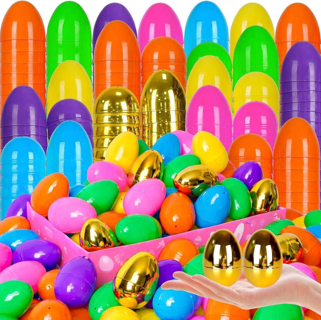 300 PCS Easter EggsPlastic 2.4" Bright Colorful Eggs with Golden Eggs, Easter Egg Fillers for Easter Egg Hunt Candy Filling Party Decorations and Kids Gifts