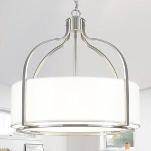 20.5'' Brushed Nickel Drum Chandelier, 5-Light Large Modern Chandeliers for Dining Room Hanging Light Fixture Drum Pendant Light with White Fabric Shade for Kitchen Living Room Foyer Bedroom