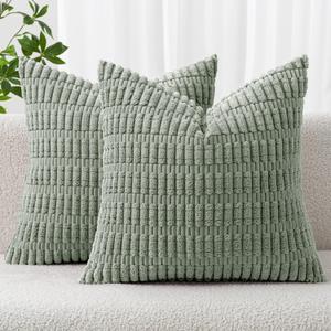 MIULEE Pack of 2 Spring Corduroy Decorative Throw Pillow Covers 18x18 Inch Soft Boho Striped Pillow Covers Modern Farmhouse Home Decor for Summer Sofa Living Room Couch Bed Greyish Green