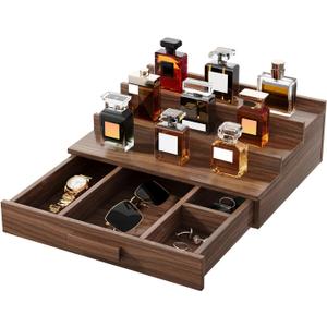 Solid Walnut Cologne Organizer for Men,Cologne Stand,3 Tier Wooden Cologne Holder Shelf Display,Perfume Stand Organizer with Drawer Storage,Gift for Men Dad Husband,Mens Valentines Day Gifts