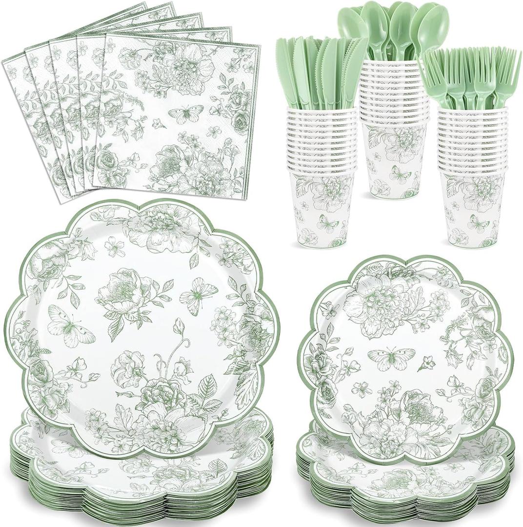 NatNarr 175 Pcs Sage Green Floral Plates and Napkins 25 Guest Scalloped Toile Chinoiserie Party Supplies Includes Floral Plates Napkins Cups Plastic Cutlery for Wedding, Bridal&Baby Shower, Tea Party, medium