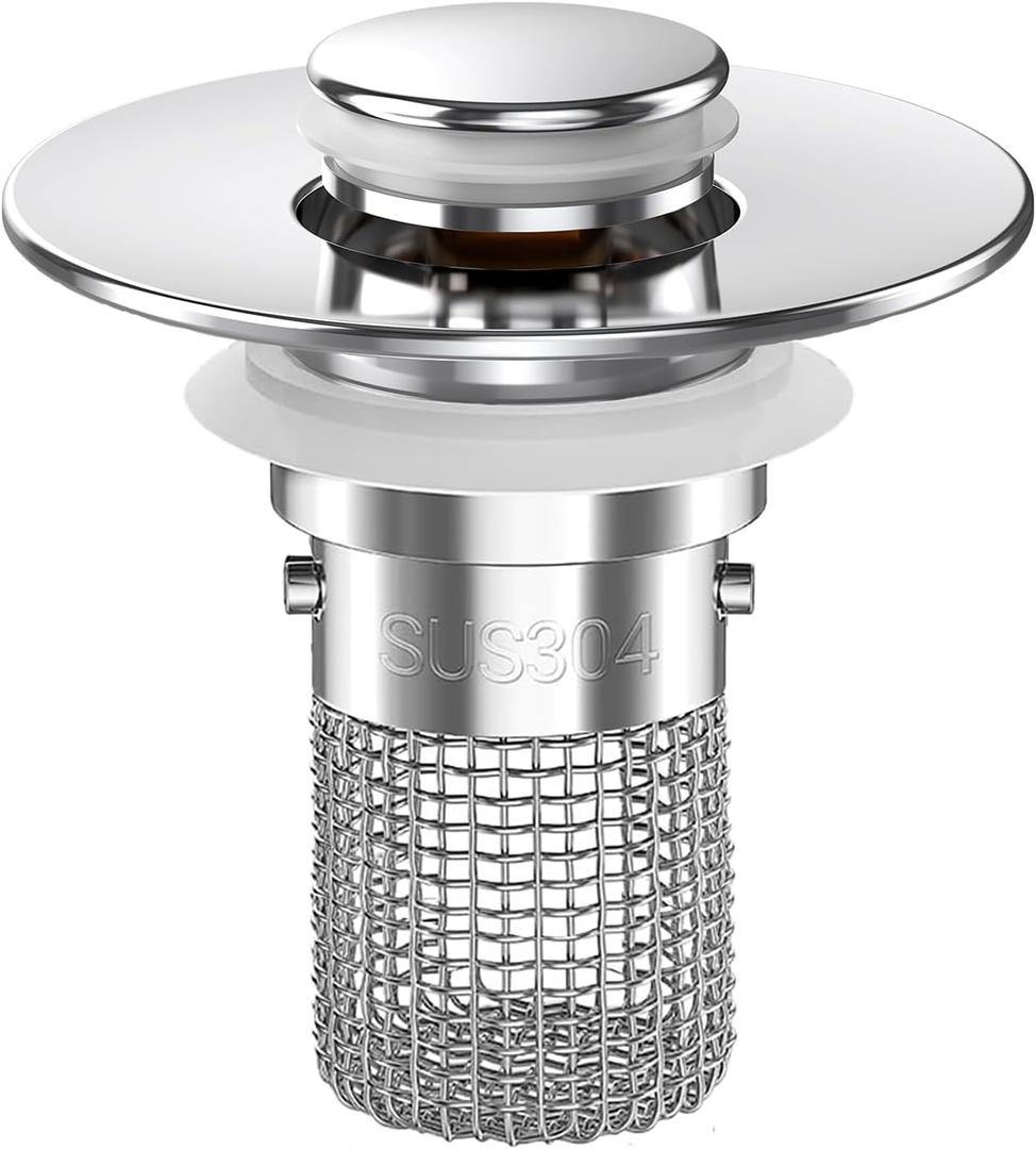 Sink Stopper Hair Catcher, Pop-up Sink Drain Strainer with Removable Stainless Steel Strainer Basket Hair Catcher, Bathroom Sink Strainer for Bathroom Sink Stopper Replacement (2, Platinum Silver)