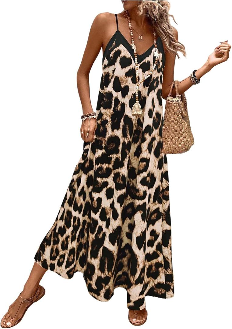 SOLY HUX Women's Leopard Print Maxi Dress V Neck Spaghetti Strap Flowy Long Vacation Summer Dresses, S