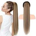 SEIKEA 28" Ponytail Extensions Drawstring Long Straight Fake Pony Tail Natural Soft Clip in Hair Extension Synthetic Heat Resistant Hairpiece - Ash Brown with Platinum Blonde Hightlights