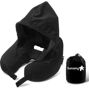 Sunany Neck Pillow for Travel Inflatable Airplane Pillow Comfortably Supports Head,Neck and Chin,Inflatable Travel Pillow with Soft Velour Cover,Portable Drawstring Bag (Black with Hat)