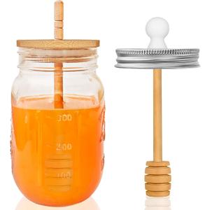Qinsihwn 16 Oz Glass Honey Jar with Dipper,Glass Honey Pot with Lid,Mason Jar with Wooden Dipper,Wide Mouth Honey Containers for Airtight Syrup,Kitchen,Home