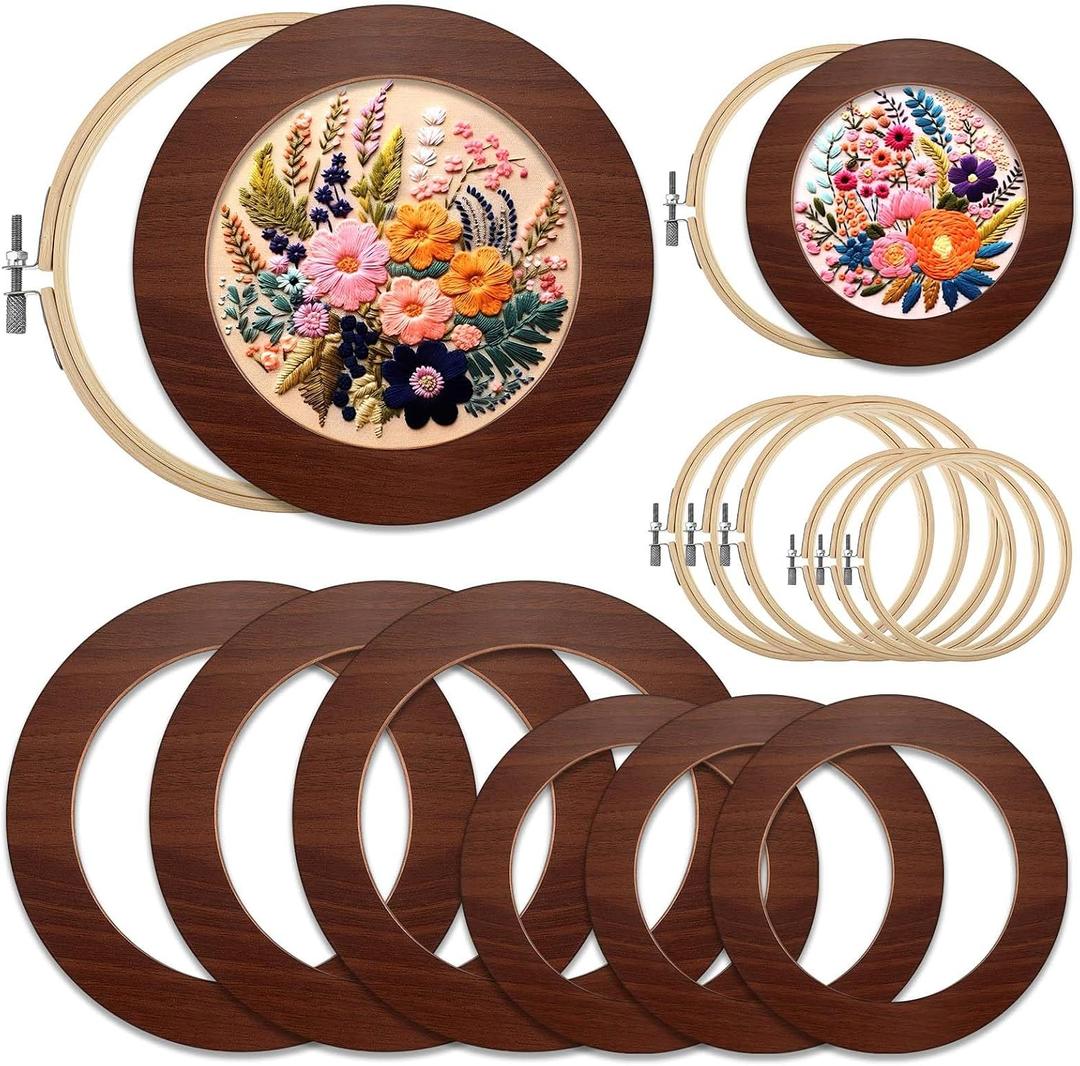 RattanView 12 Pcs 6 Inch and 8 Inch Wood Embroidery Hoop Frame with Embroidery Hoops Round Embroidery Hoops Display Frame for Finished Cross Stitch Hoop Frame DIY Art Craft Sewing Ornaments(Walnut)