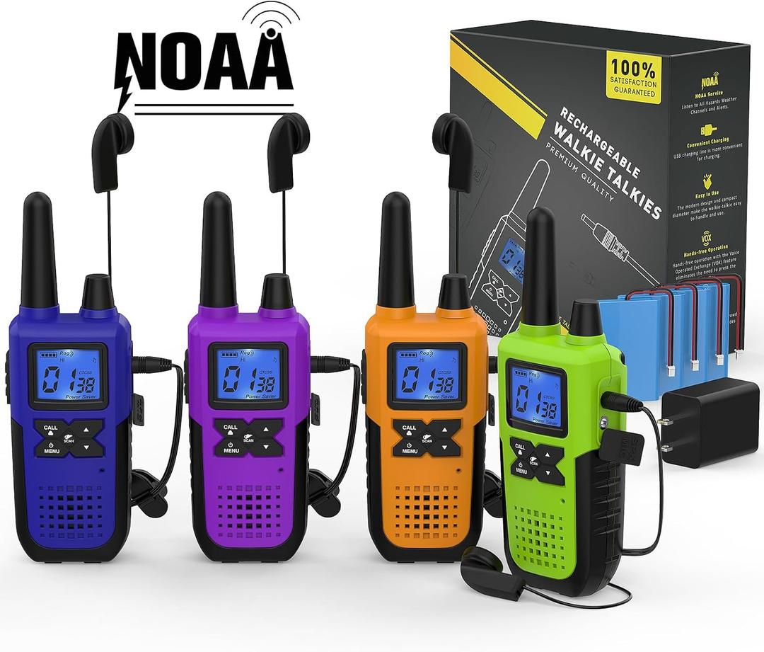 Topsung Walkie Talkies Rechargeable for Adults Long Range with Earpiece NOAA Weather Alert, Multi-purpose 2 Way Radio 4 Pack for Team Work Senior Care Kid Adventure Family Camping Hiking Skiing Cruise (Blue Green Orange Violet)