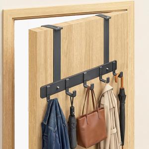 Adjustable Over The Door Hooks, 5 Hooks Over The Door Organizer with Suction Cup, Towel Racks for Bathroom Fits 1.38~2.56 in Thick Door, for Bedroom Door, Entrance Door - 7.09 in Tall