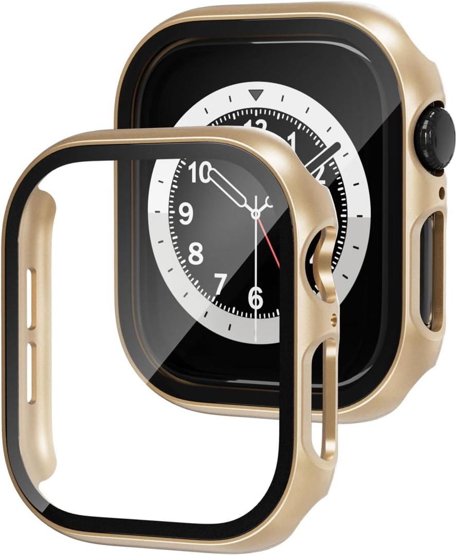 2-Pack 46 mm Shockproof Case for Apple Watch Series 10/11 Ultra-Thin Scratch Resistant Watch Case 9H Tempered-Glass Screen Guard + PC Bumper, Champagne Gold