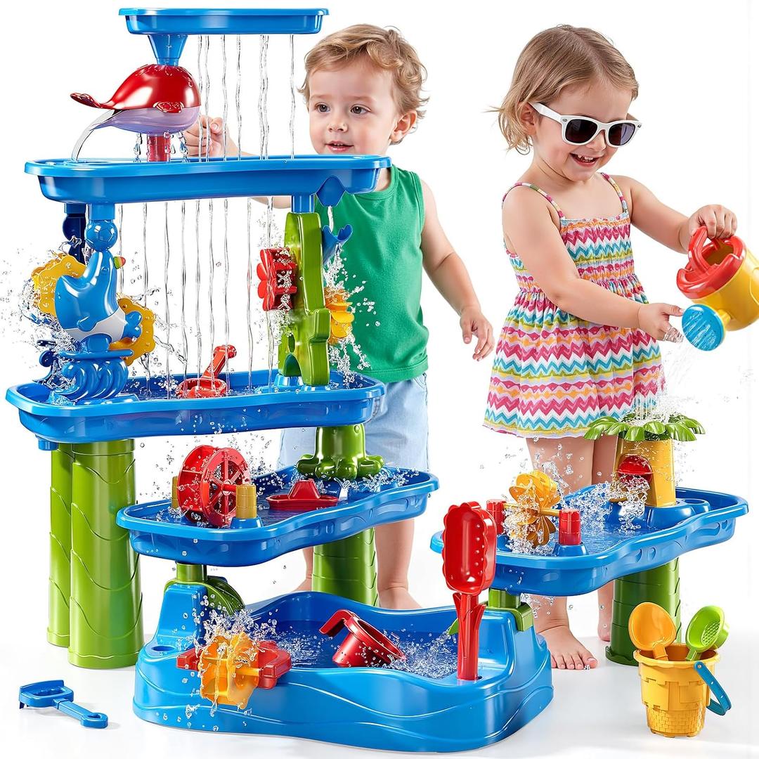3-Tier 4 Areas Water Table for Kids 3-5, Summer Outdoor Beach Sensory Activity Playset Kids Sand and Water Table Toys, Birthday Gifts for Boys and Girls 3 4 5 6 7 8