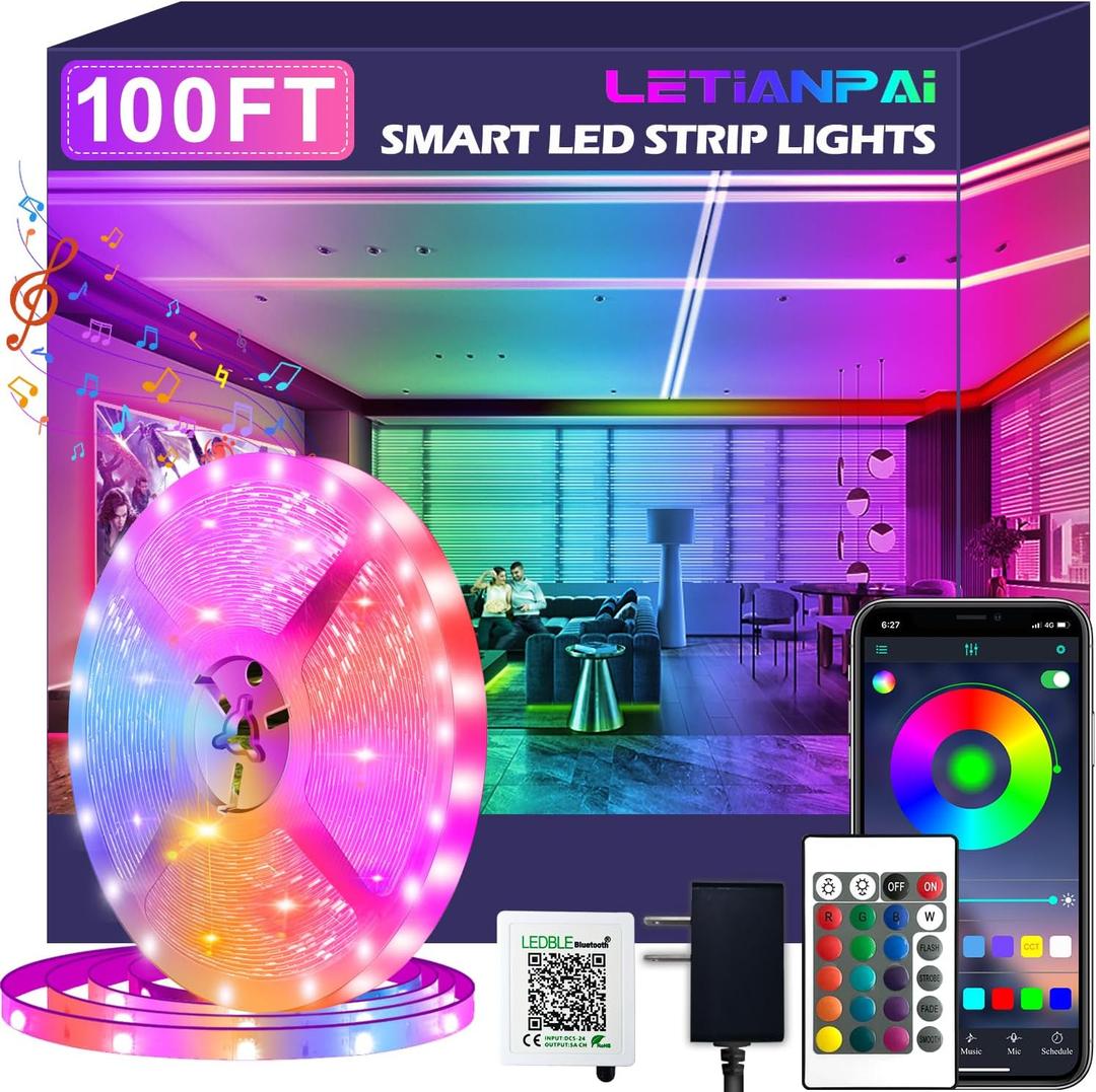 100ft Led Strip Lights,Long Smart Led Light Strips Music Sync 5050 RGB Color Changing Rope Lights,Bluetooth APP/IR Remote/Switch Box Control Led Lights for Bedroom,Home Decoration,Party,Festival