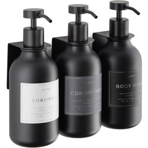 Shower Shampoo Dispenser Wall Mounted 3 Refillable 16.9 oz Black Bottles with Stainless Steel Pumps & No-Drill Adhesive Holders Soap Dispenser Set for Bathroom (3 X Black)