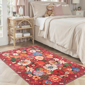 Floral Machine Washable Rug, 3x5 Rug Non Slip Soft Bedroom Rugs for Entryway Dorm, Ultra-Thin Rugs for Bedroom Stain Resistan(3 x 5, Red Garden)