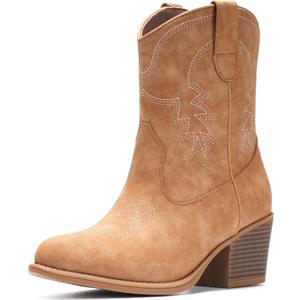 IXU Cowboy Boots for Women Ankle Cowgirl Booties Wide Mid Calf Pointed Toe Western Boots Short Chunky Classic Booties (8.5, Camel)
