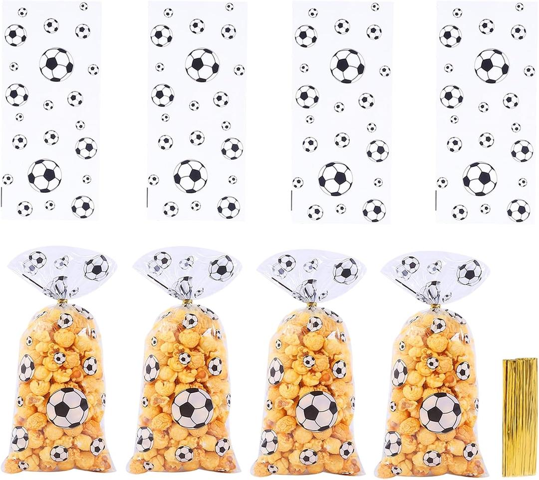 Soccer Treat Gift Bags 50PCS Soccer Cellophane Goodie Bags Durable Clear Plastic Treat Bags with 50 Twist Ties Soccer Party Favor Bags for Game Day, Birthday, Sports Events, Team & School Activities