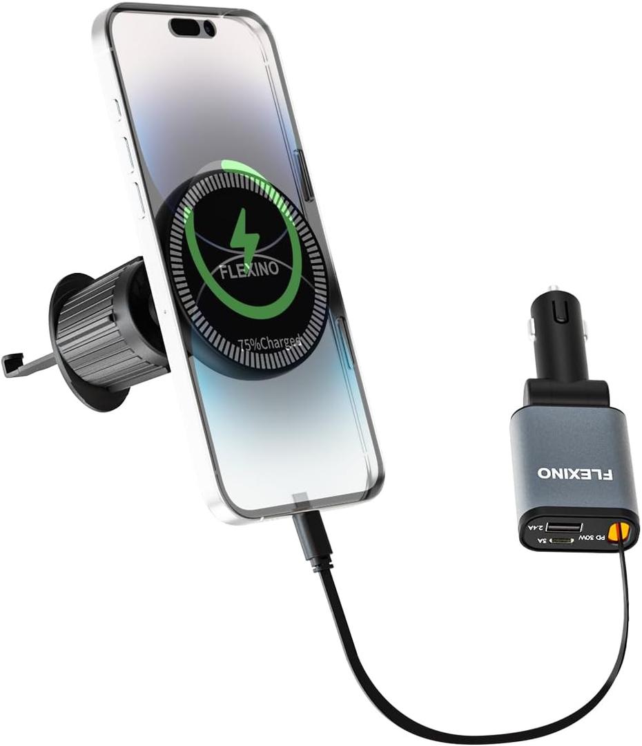2 x 2-in-1 Car Combo Flexino Retractable Car Charger for iPhone 16, 57W Fast Charging Car Charger USB C, Magnetic Phone Holder for MagSafe Car Mount,360 Cell Phone Holder for iPhone 16/15/14/13/12