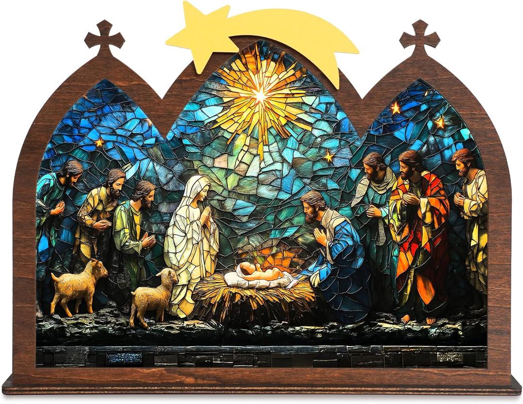 Wooden Nativity Set, Vintage Christmas Nativity Scene Set, Miniature Holy Family Figurines, Table Top Christmas Jesus Decorations for Indoor Mantel Display, Miracle In A Manger Gift (Nativity Candle Holder)