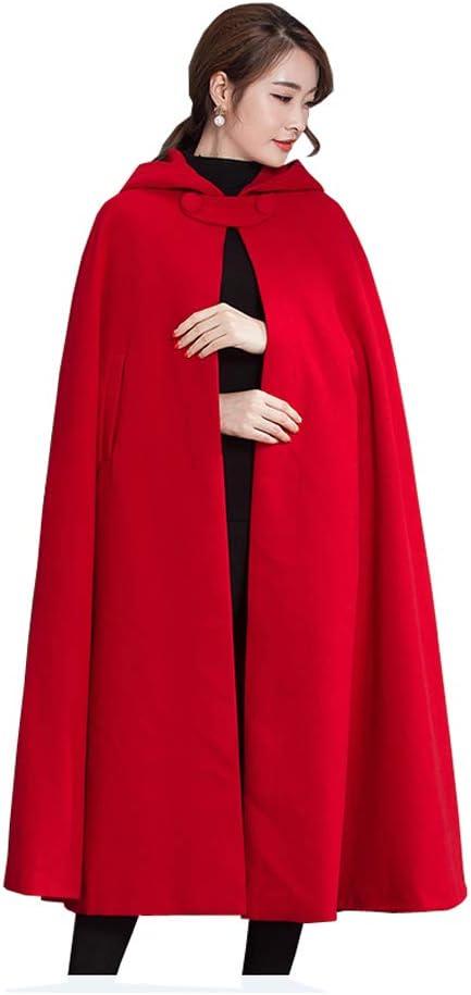 Winter Cape for Women Warm Red Cloak with Hood Wool Blend Poncho Cape Jacket