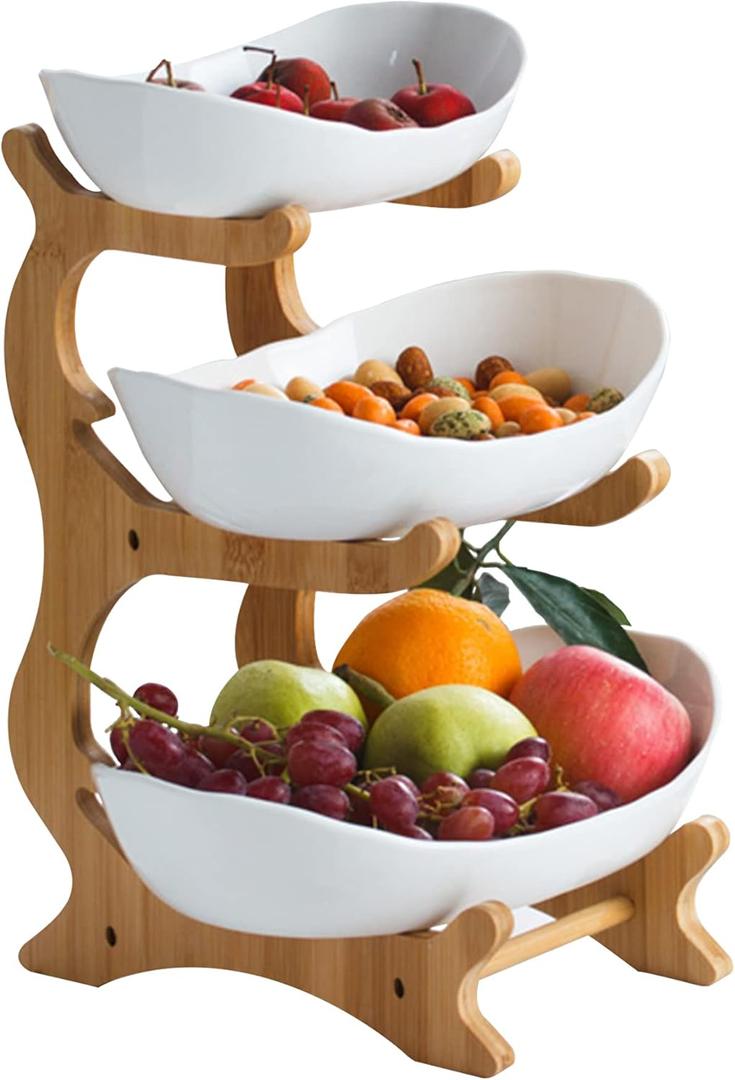 Ceramic Oval Tiered Serving bowls Tray SetWhite 3 Tier Ceramic Fruit Bowl with Bamboo Wood Stand for Sushi, Dessert, Fruit, Vegetables, Appetizer, Cake, Candy, Chip Dip (White, 3-Tier)