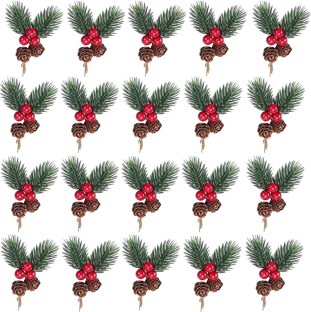 20 Pieces Artificial Christmas Floral Picks, Red Berry Picks and Sprays, Christmas Fake Pine Branches Evergreen Branch Holly Stem, DIY Artificial Flowers Wreath Wedding Home Decor Xmas Ornaments
