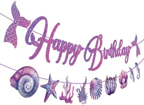 Hooqict Mermaid Happy Birthday Banner Garland Mermaid Party Banner Decorations for Girls 1st 2nd 3rd Under The Sea Themed Birthday Party Decorations Supplies