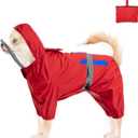 Waterproof Dog Raincoat,Full Coverage 4 Legs Dog Rain Jacket, Dogs,Pet Rain Coat with Hood,Reflective Strips&Leash Hole Outdoor Raincoat (X-Largefor Weight 11.1-14.6 lb, Red)