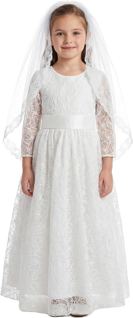 LalaMira First Communion Dress with Veil 3/4 Sleeve Flower Girl Dress Wedding Gown Floral Lace Baptism Christening Dance (10 Years, White)
