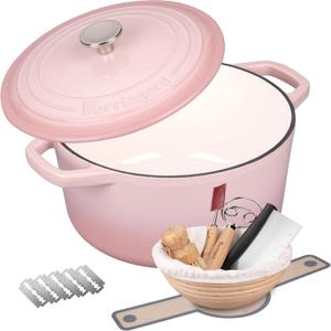 VORRINGARD Enameled Cast Iron Dutch Oven Pot with Lid, for Bread Baking, Round Bread Oven- include Sourdough Bread Baking Supplies Set, 6QT, Pink