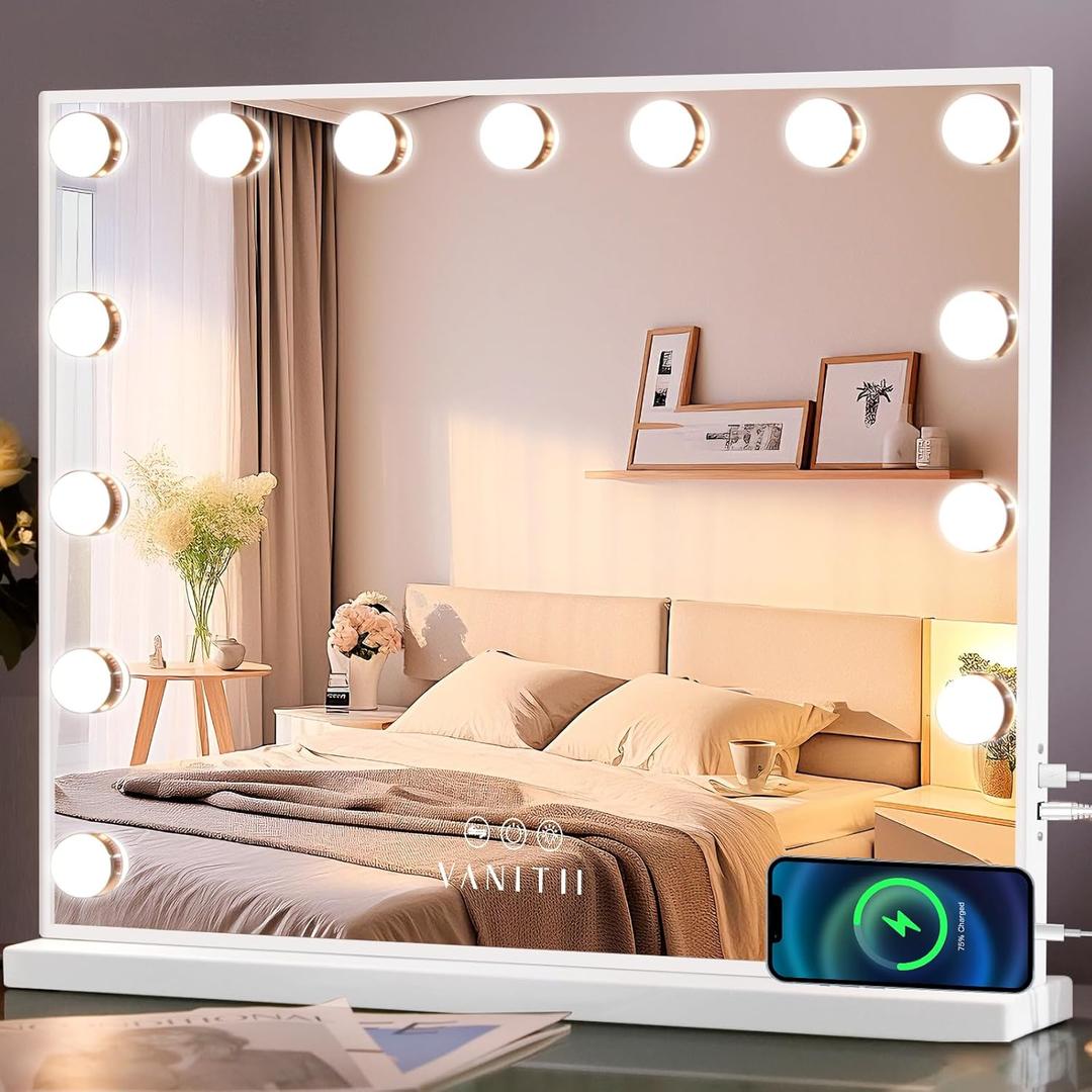 VANITII Hollywood Vanity Mirror with Lights USB Charging 22.8*18.1 Lighted Makeup Mirror with 15 LED Bulbs Dimmable 3 Modes Tabletop for Cosmetic