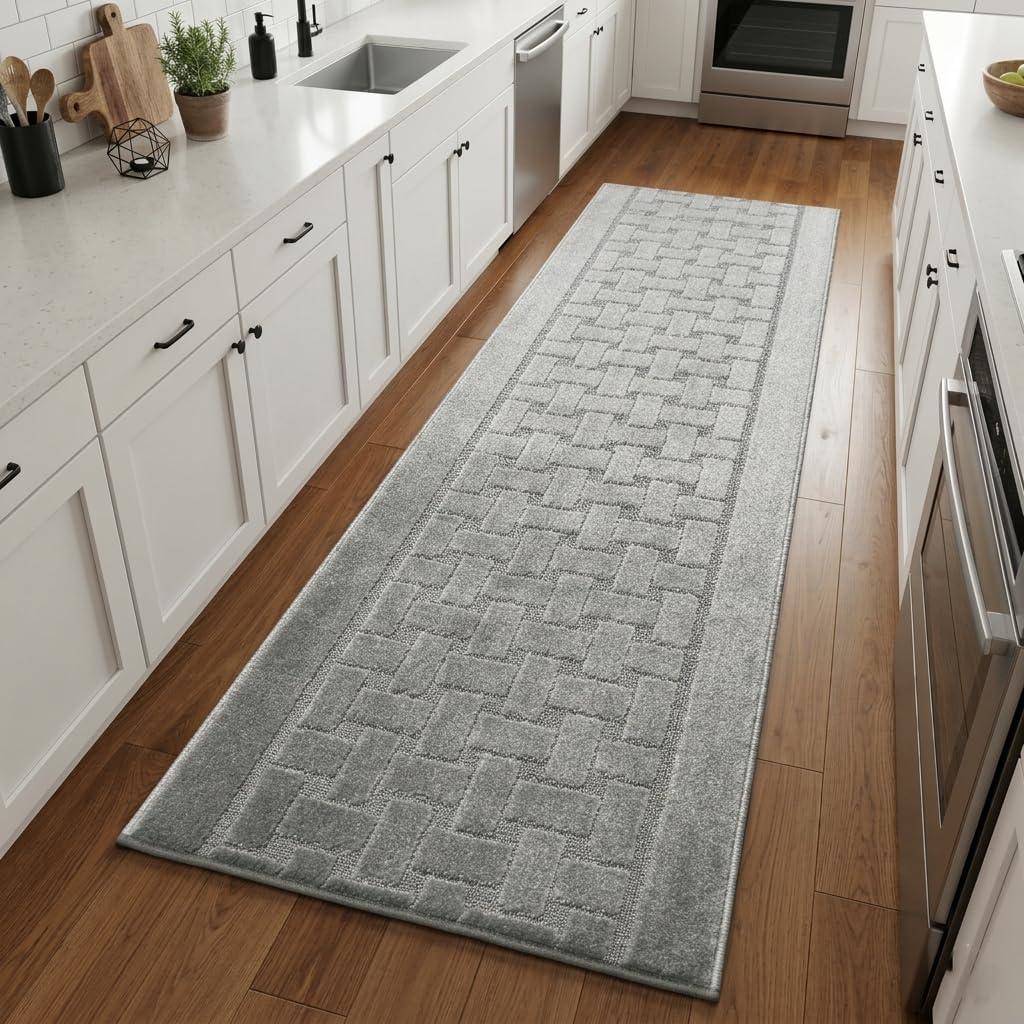 Runner Rug 7 ft, Non-Slip Washable Rug, Grey Textured Carpet for Kitchen Hallway Laundry Entryway, Rubber Backing, Indoor, Rolled in Box (26" x 7'), Custom Size Floor Runner