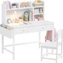 BOLUO White Kids Desk with Hutch for Kids Desk and Chair Set 10-12 Year Old, Children Study Desk with Fabric Drawer Storage for Girls Boys