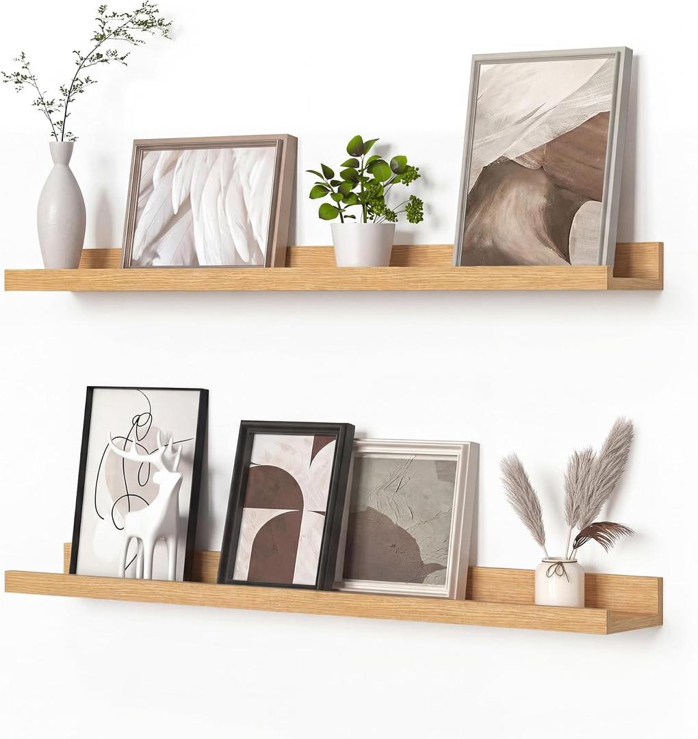Heimlove Picture Ledge Shelf, Floating Shelves Set of 2, 31.5Inches Picture Shelf for Wall with Ledge, Kids Bookshelf Wall Mounted for Living Room Bedroom Decor Books Photo Frames - Oak, 32 in