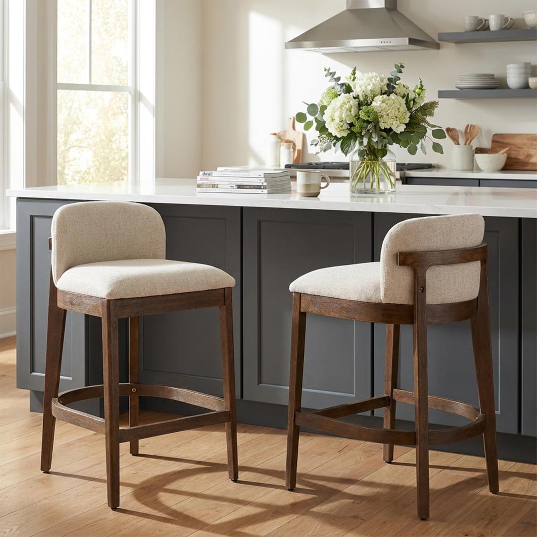 Christopher Knight Home Arden Indoor Wooden Counter Stool Set of 4, Upholstered Seat with Foam Cushion, Kitchen Bar Stools with Rubberwood Frame and Footrest for Dining Island, Beige + Walnut