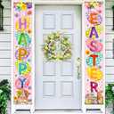 Happy Easter Porch Banner with Bunny Egg tulip Party Front Door Sign Spring easter backdrops Wall Hanging Spring Decorations for Home Office Farmhouse Holiday Decor