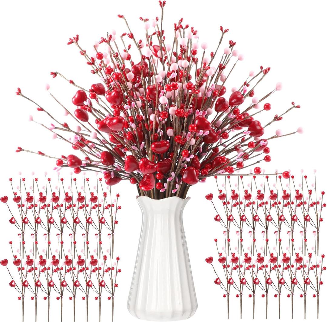 36 Pcs Valentine's Day Decorations Valentine's Day Berry Picks 17 Inch Artificial Red Heart Shaped Berry Picks with Red Pink Berries Floral Stems for Weddings Anniversaries Birthday Parties